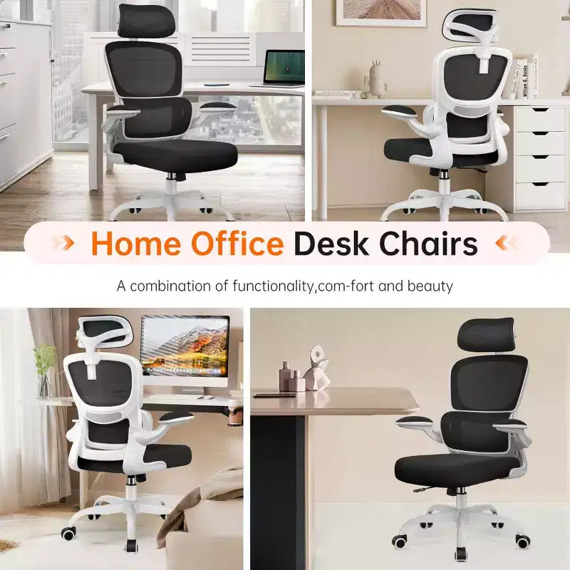 Silla cómoda de malla transpirable KERDOM con soporte lumbar, con reposabrazos abatibles, silla gaming para oficina en casa
