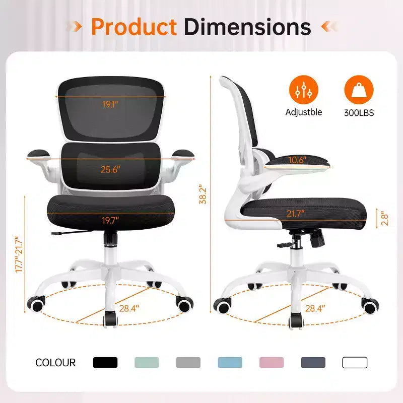 Silla cómoda de malla transpirable KERDOM con soporte lumbar, con reposabrazos abatibles, silla gaming para oficina en casa