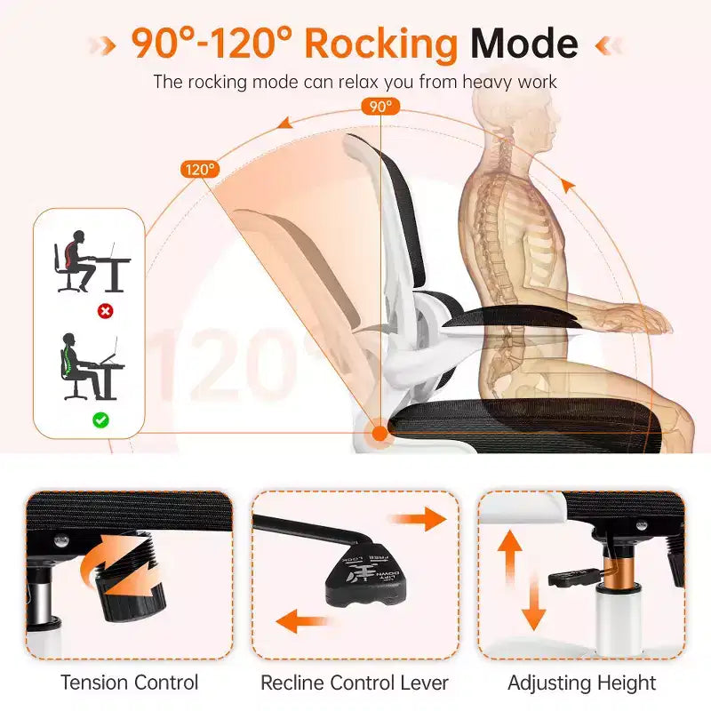 Silla cómoda de malla transpirable KERDOM con soporte lumbar, con reposabrazos abatibles, silla gaming para oficina en casa