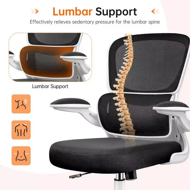 Silla cómoda de malla transpirable KERDOM con soporte lumbar, con reposabrazos abatibles, silla gaming para oficina en casa