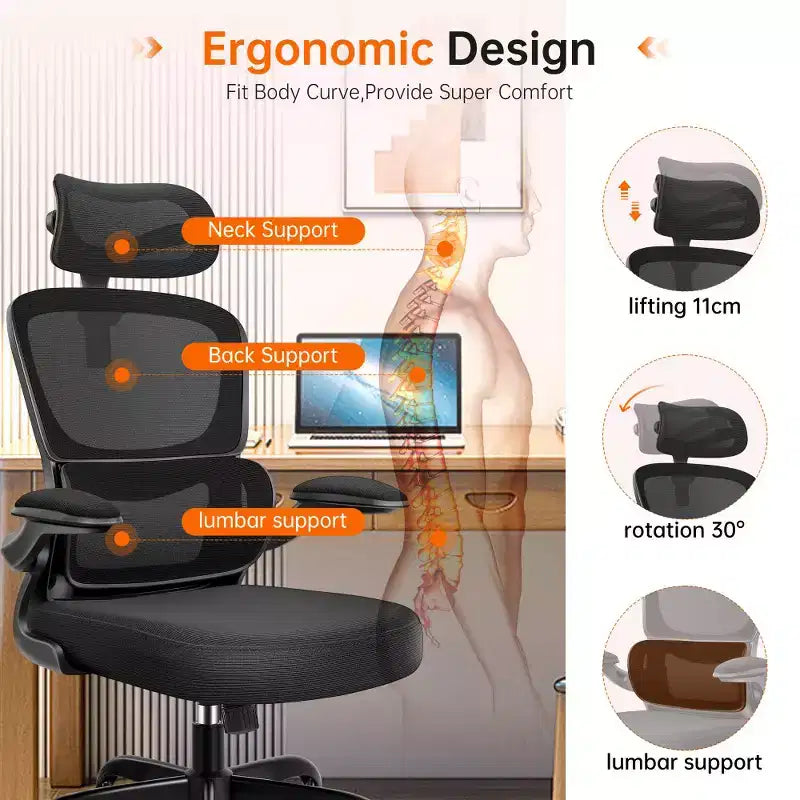 Silla cómoda de malla transpirable KERDOM con soporte lumbar, con reposabrazos abatibles, silla gaming para oficina en casa