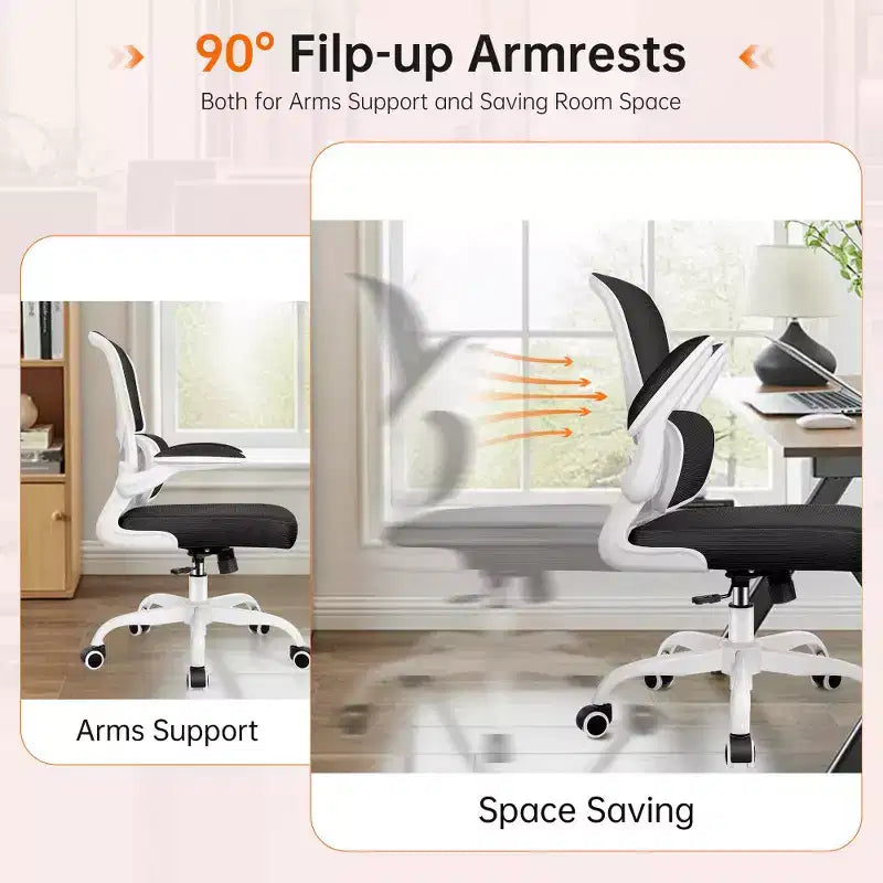 Silla cómoda de malla transpirable KERDOM con soporte lumbar, con reposabrazos abatibles, silla gaming para oficina en casa