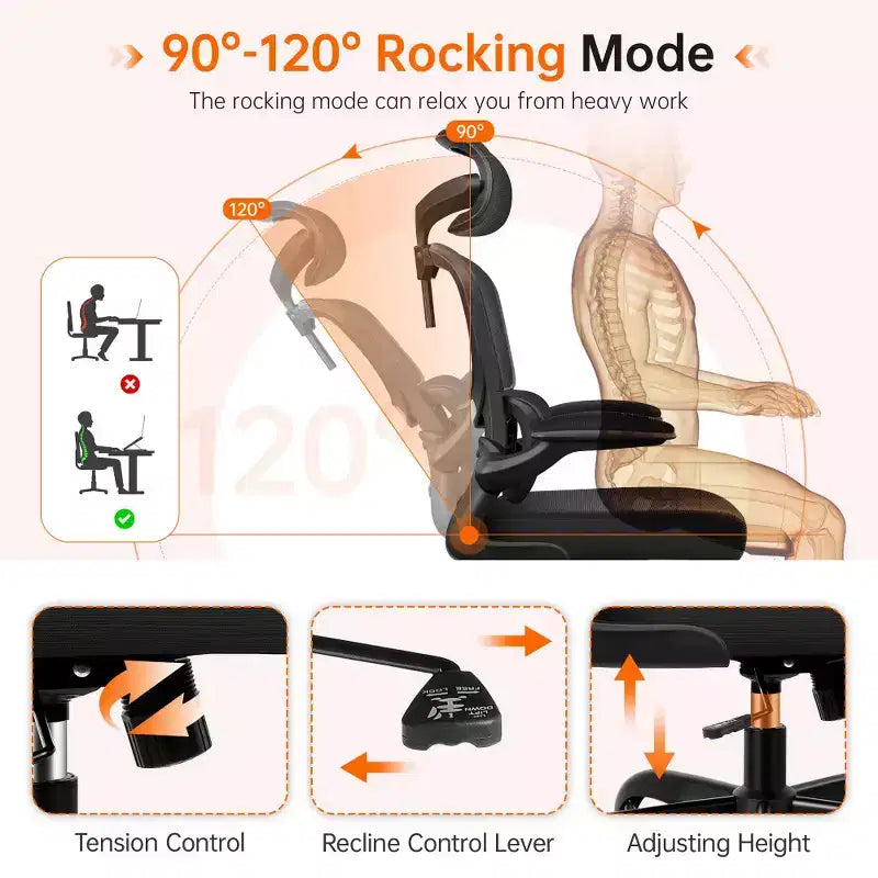 Silla cómoda de malla transpirable KERDOM con soporte lumbar, con reposabrazos abatibles, silla gaming para oficina en casa