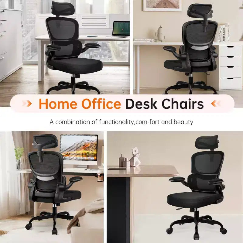 Silla cómoda de malla transpirable KERDOM con soporte lumbar, con reposabrazos abatibles, silla gaming para oficina en casa
