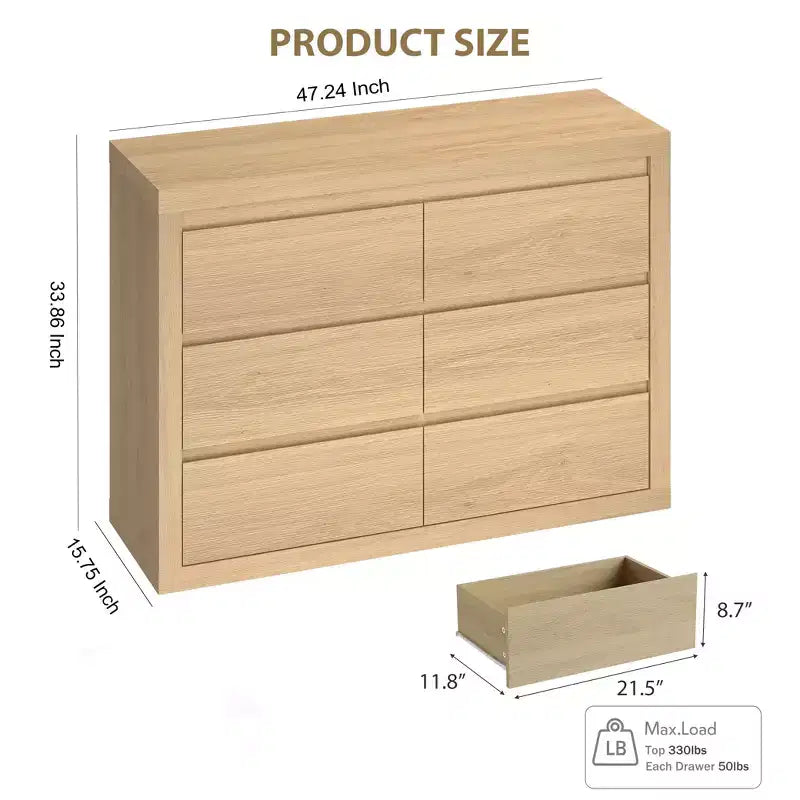 Cómoda de 6 cajones, 47 pulgadas de ancho, cómoda moderna, cómoda organizadora de cajones de mediados de siglo para dormitorio, sala de estar, pasillo