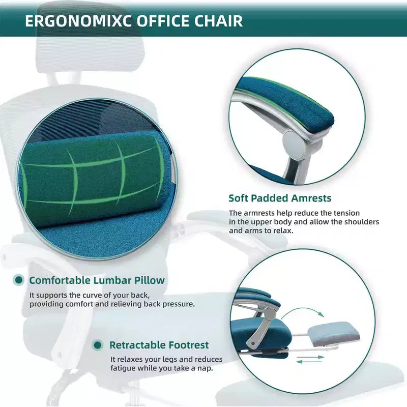 Silla de oficina ergonómica TUYOHW con reposapiés retráctil, silla gaming con cojín de apoyo lumbar y reposabrazos acolchados, silla giratoria para oficina