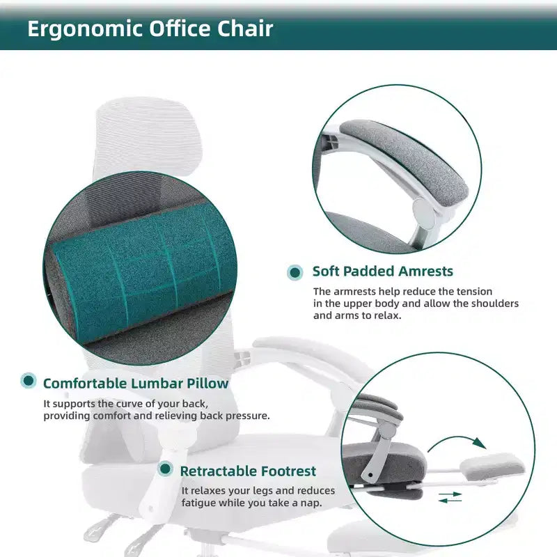 Silla de oficina ergonómica TUYOHW con reposapiés retráctil, silla gaming con cojín de apoyo lumbar y reposabrazos acolchados, silla giratoria para oficina