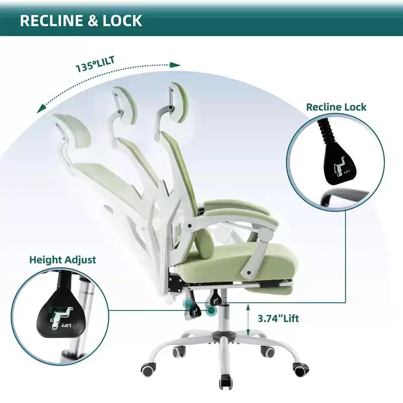 Silla de oficina ergonómica TUYOHW con reposapiés retráctil, silla gaming con cojín de apoyo lumbar y reposabrazos acolchados, silla giratoria para oficina