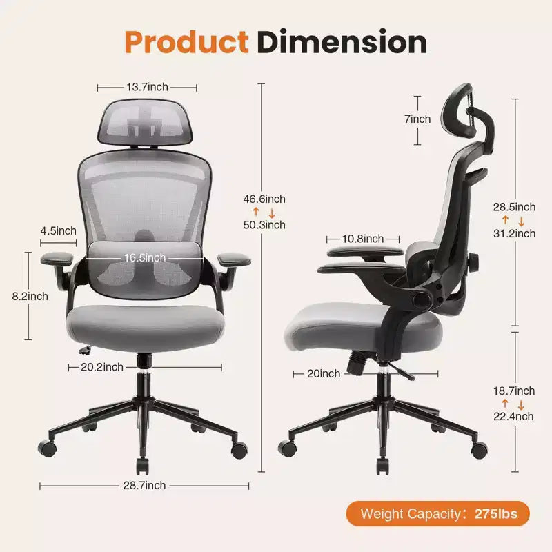 Silla de oficina ergonómica de respaldo alto TUYOHW con soporte lumbar ajustable, silla para juegos con reposabrazos abatibles, silla de malla para computadora para el hogar y la oficina