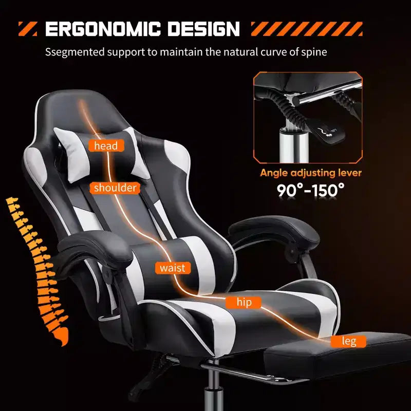 Silla de oficina ergonómica TUYOHW con reposapiés, reclinable de cuero PU con reposacabezas y reposabrazos fijos, silla de ordenador para estudio, oficina