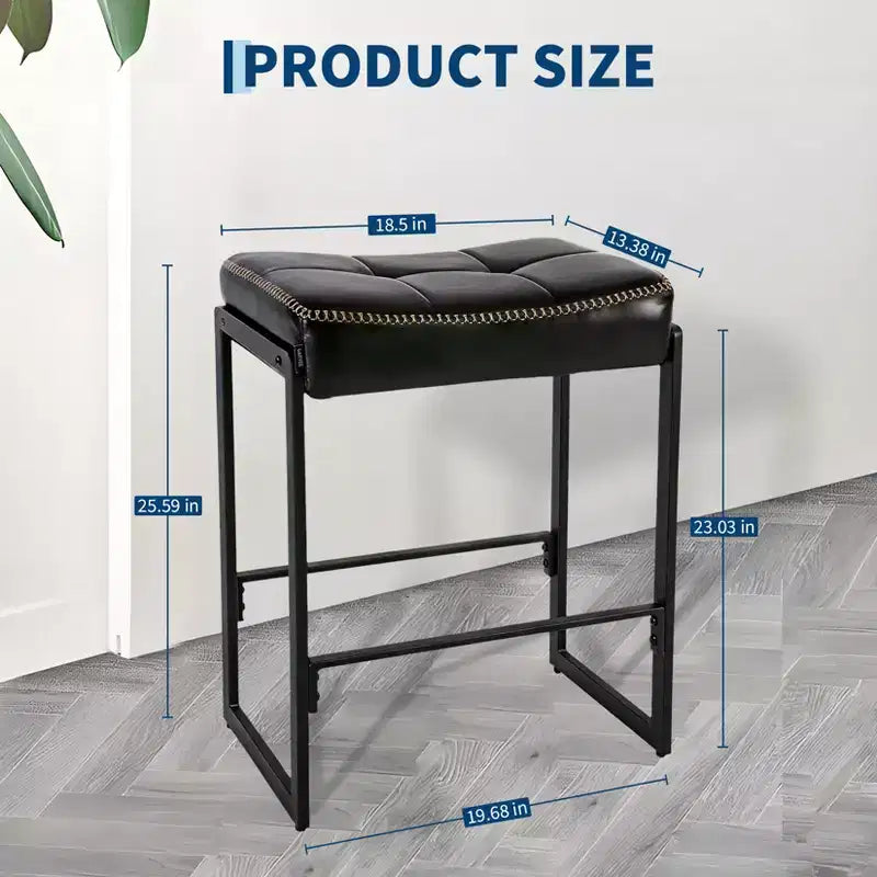 Taburete de bar tipo silla de montar, altura de encimera de 26 pulgadas con asiento curvo de cuero encerado, diseño moderno de mediados de siglo para isla de cocina, comedor o cafetería, negro