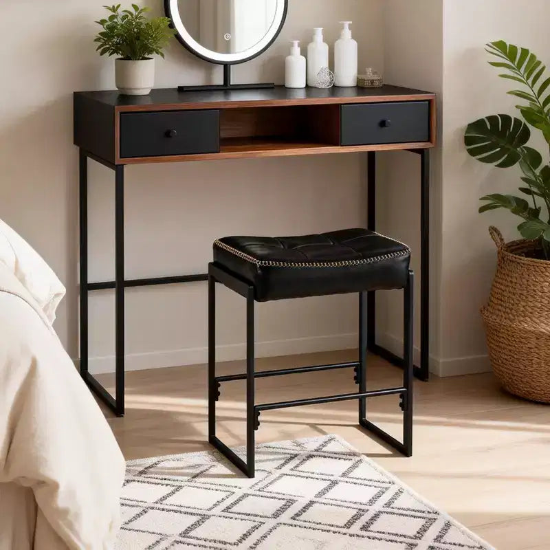 Taburete de bar tipo silla de montar, altura de encimera de 26 pulgadas con asiento curvo de cuero encerado, diseño moderno de mediados de siglo para isla de cocina, comedor o cafetería, negro