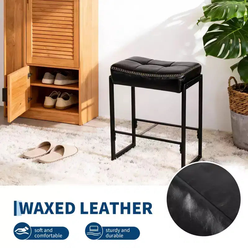 Taburete de bar tipo silla de montar, altura de encimera de 26 pulgadas con asiento curvo de cuero encerado, diseño moderno de mediados de siglo para isla de cocina, comedor o cafetería, negro