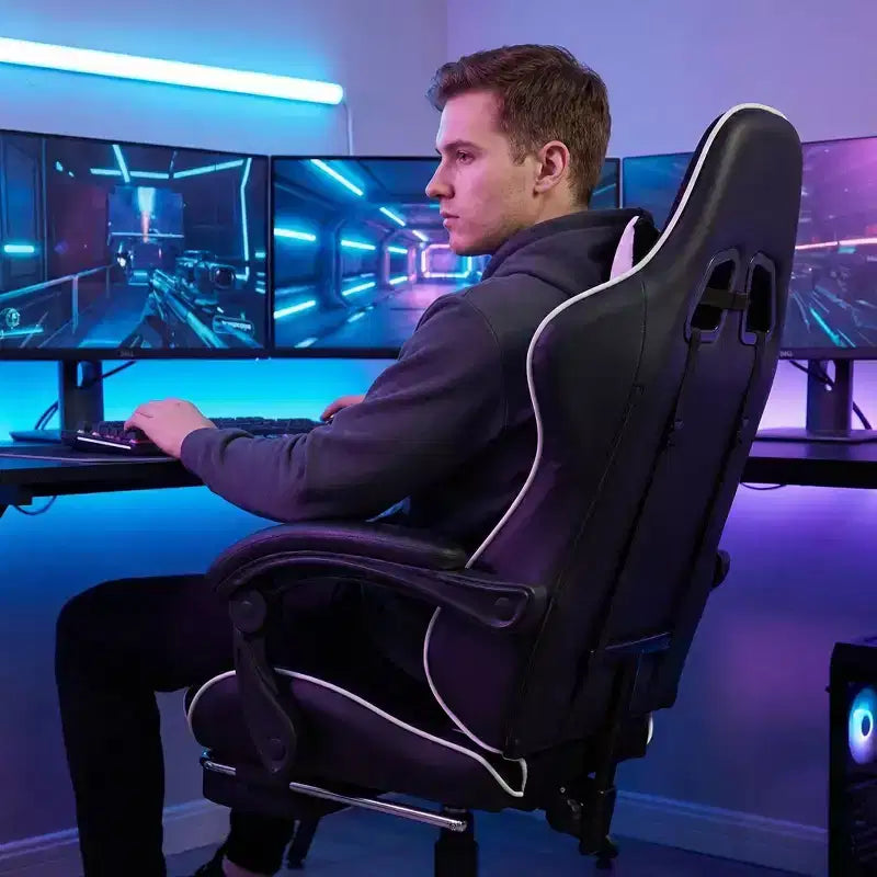 Silla Gaming Estilo Racing, Silla Ergonómica E-sports con Masaje, Cuero PU, Espuma Moldeada de Alta Densidad, Cómoda y Segura, Blanca