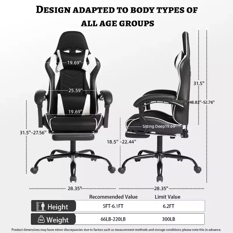 Silla Gaming Estilo Racing, Silla Ergonómica E-sports con Masaje, Cuero PU, Espuma Moldeada de Alta Densidad, Cómoda y Segura, Blanca