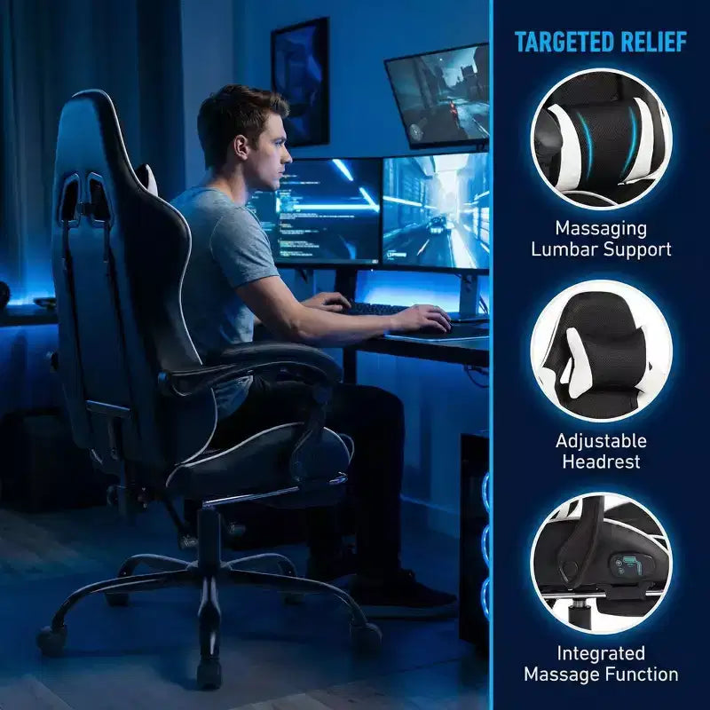 Silla Gaming Estilo Racing, Silla Ergonómica E-sports con Masaje, Cuero PU, Espuma Moldeada de Alta Densidad, Cómoda y Segura, Blanca