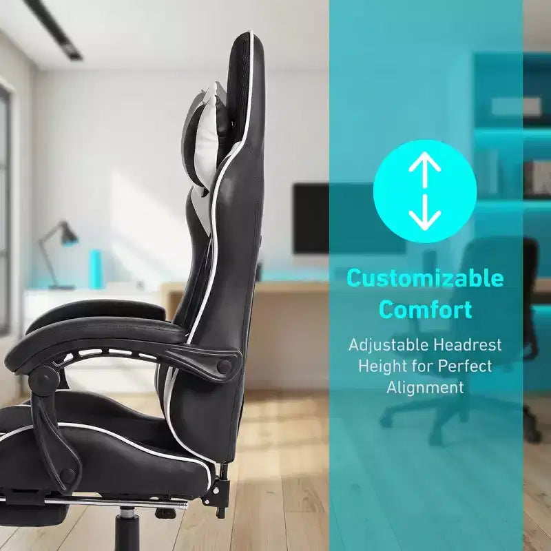 Silla Gaming Estilo Racing, Silla Ergonómica E-sports con Masaje, Cuero PU, Espuma Moldeada de Alta Densidad, Cómoda y Segura, Blanca