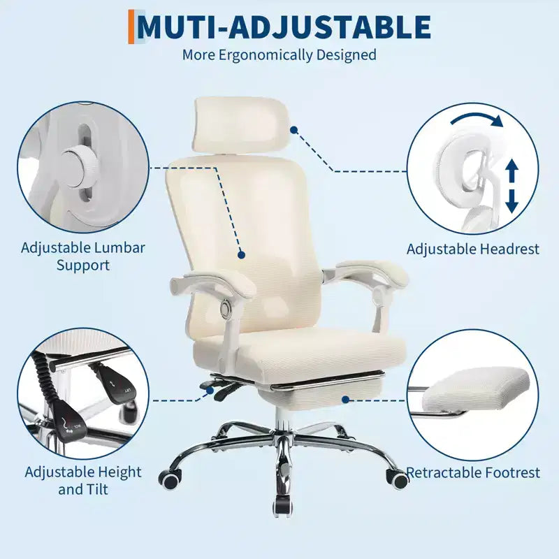 Sillón reclinable ergonómico de malla Acekool con reposapiés, soporte lumbar y reposacabezas ajustables, para oficina en casa o sala de juegos