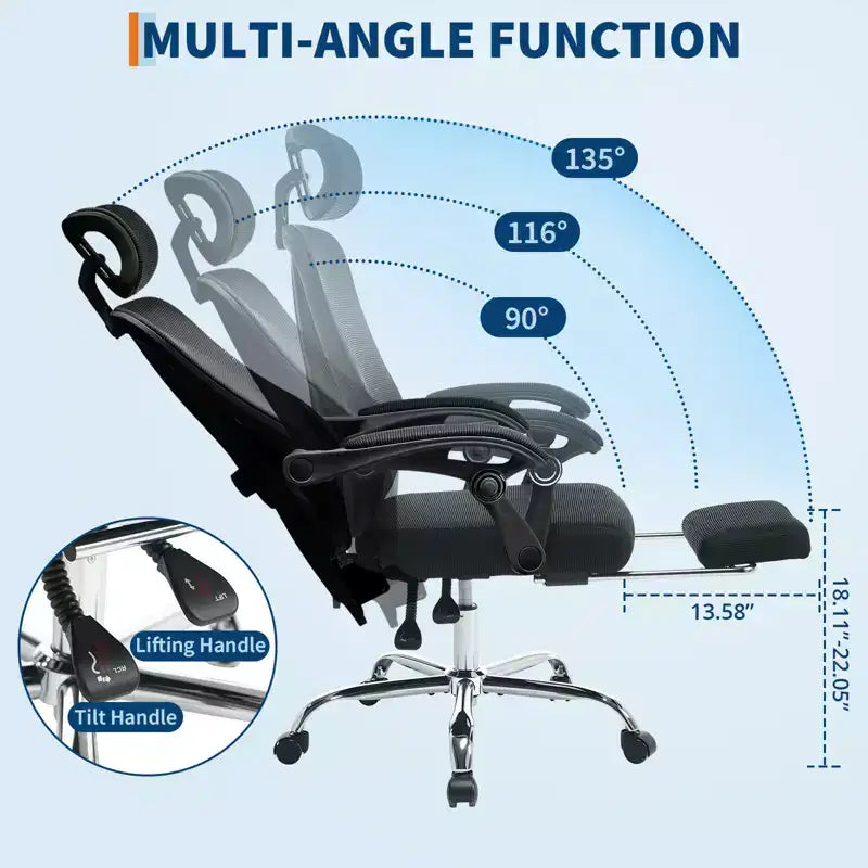 Sillón reclinable ergonómico de malla Acekool con reposapiés, soporte lumbar y reposacabezas ajustables, para oficina en casa o sala de juegos