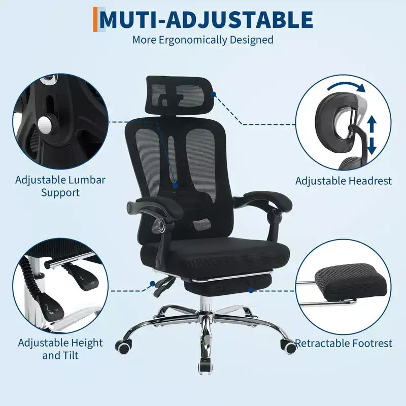 Sillón reclinable ergonómico de malla Acekool con reposapiés, soporte lumbar y reposacabezas ajustables, para oficina en casa o sala de juegos