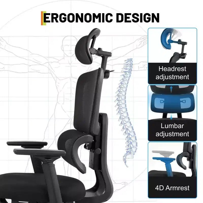 Silla de oficina ergonómica de malla de alta resistencia para videojuegos, con respaldo alto, reposabrazos abatibles 4D, reposacabezas y soporte lumbar ajustables, capacidad de 181 kg