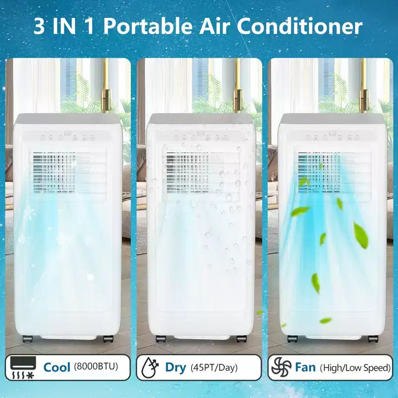 Acekool Aire Acondicionado Portátil de 8,000 BTU, Ventilador Enfriador y Deshumidificador 3 en 1, Control Remoto, Temporizador de 24 Horas para Habitaciones de hasta 32.5 m²