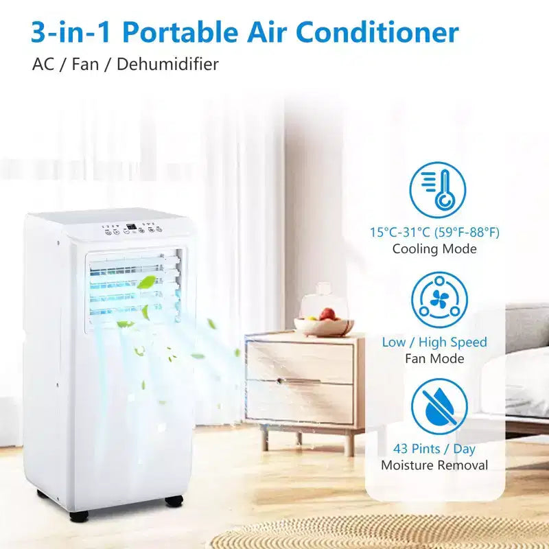 Acekool Aire Acondicionado Portátil de 10.000 BTU, Deshumidificador y Ventilador 3 en 1, Control Remoto, Temporizador de 24H, Kit de Ventana para Habitaciones de hasta 42 m²