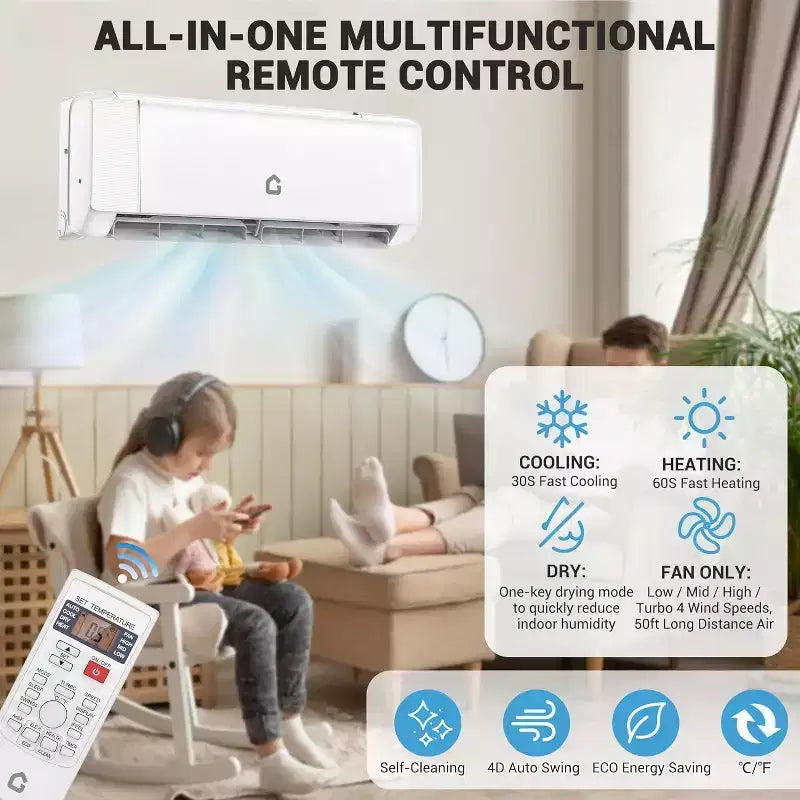 Acekool Aire Acondicionado y Calefactor Mini Split de 9.000 BTU, Bomba de Calor sin Ductos AC de 20 SEER2, Control WiFi, Enfría Habitaciones de hasta 450 Pies Cuadrados