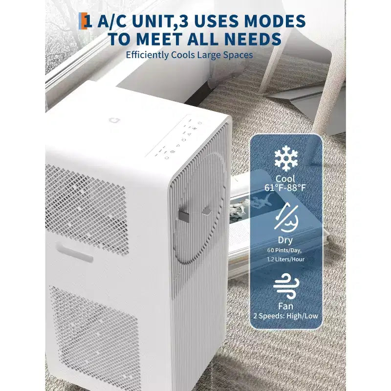 Acondicionador de aire portátil de 10 000 BTU para habitaciones de 14,86 a 19,97 m², unidad de CA 3 en 1 sin drenaje con deshumidificador, ventilador y control remoto