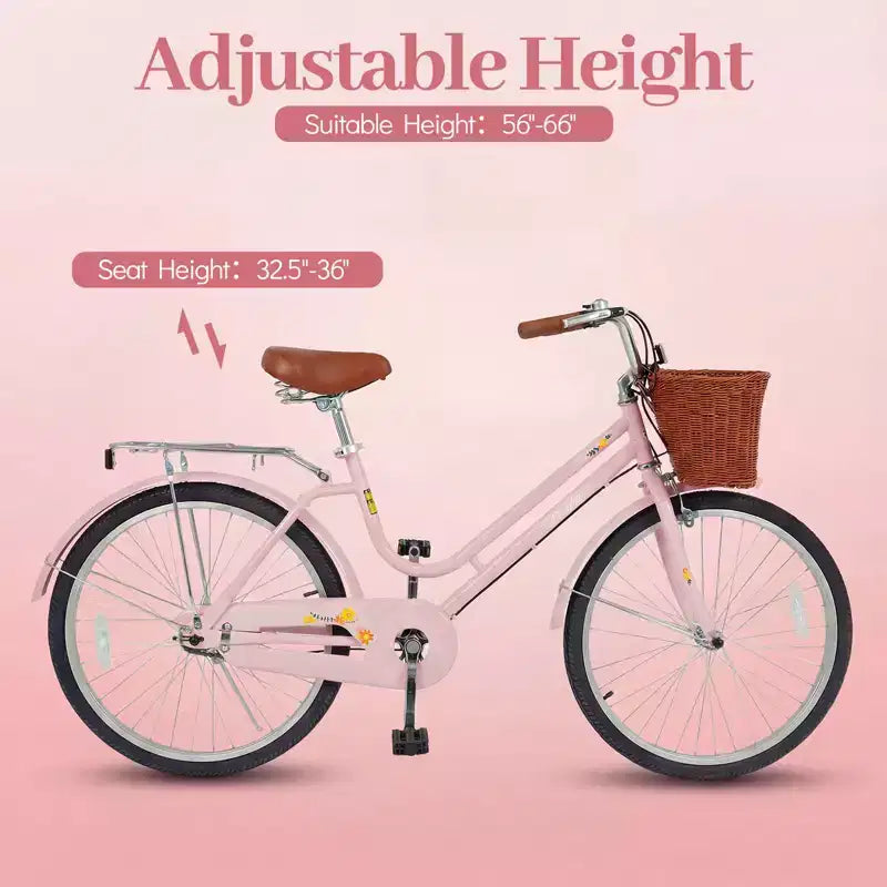 Bicicleta de paseo Gymax de 24 pulgadas con asiento ajustable, cesta de mimbre y portabultos trasero para ciudad