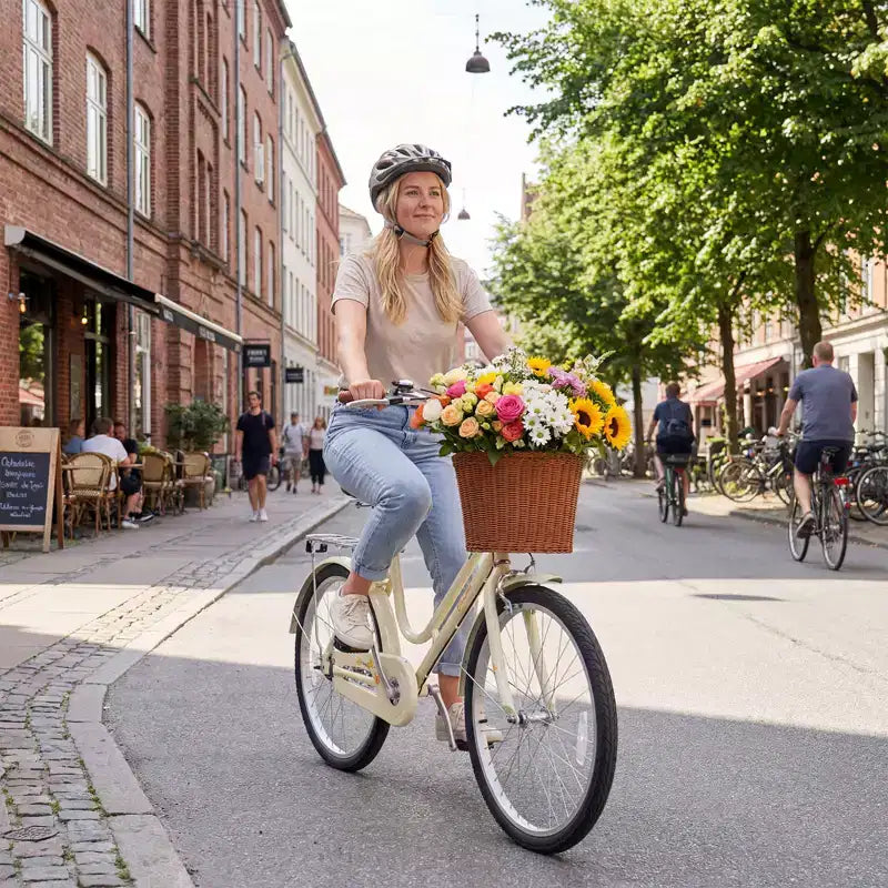 Bicicleta de paseo Gymax de 24 pulgadas con asiento ajustable, cesta de mimbre y portabultos trasero para ciudad