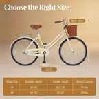 Bicicleta de paseo Gymax de 24 pulgadas con asiento ajustable, cesta de mimbre y portabultos trasero para ciudad