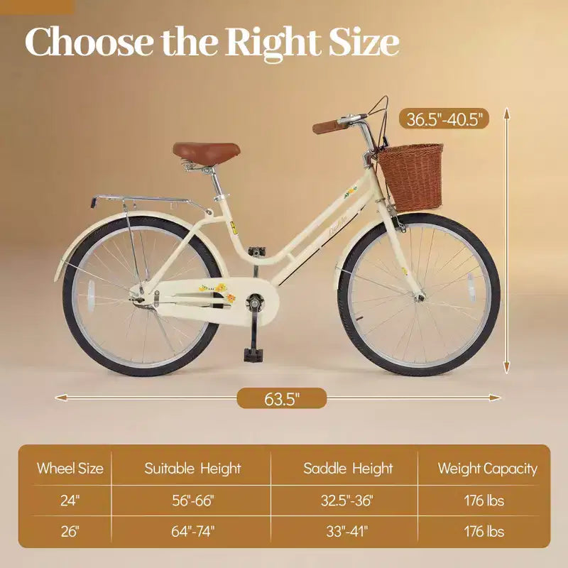 Bicicleta de paseo Gymax de 24 pulgadas con asiento ajustable, cesta de mimbre y portabultos trasero para ciudad