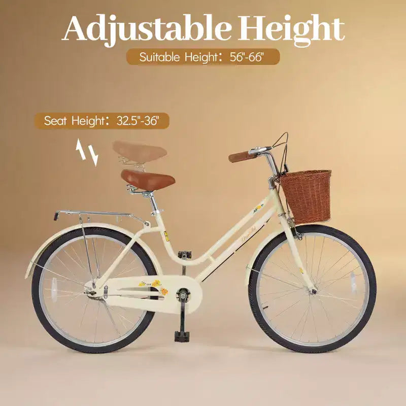 Bicicleta de paseo Gymax de 24 pulgadas con asiento ajustable, cesta de mimbre y portabultos trasero para ciudad