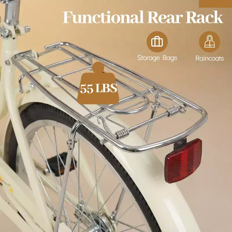 Bicicleta de paseo Gymax de 24 pulgadas con asiento ajustable, cesta de mimbre y portabultos trasero para ciudad