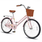 Bicicleta de paseo Gymax de 24 pulgadas con asiento ajustable, cesta de mimbre y portabultos trasero para ciudad