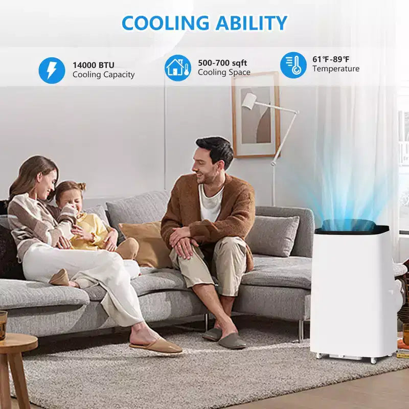 Aire Acondicionado Portátil de 14000 BTU, Unidad de Aire Acondicionado 3 en 1 con Refrigeración, Ventilador y Deshumidificador, para Habitaciones de hasta 70 m²