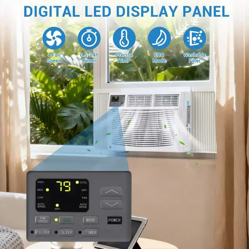 Aire Acondicionado de Ventana de 12,000 BTU con WiFi, Unidad de CA de Ventana Eficiente Energéticamente enfría hasta 51 m² con Control Remoto/App, Ideal para Apartamento