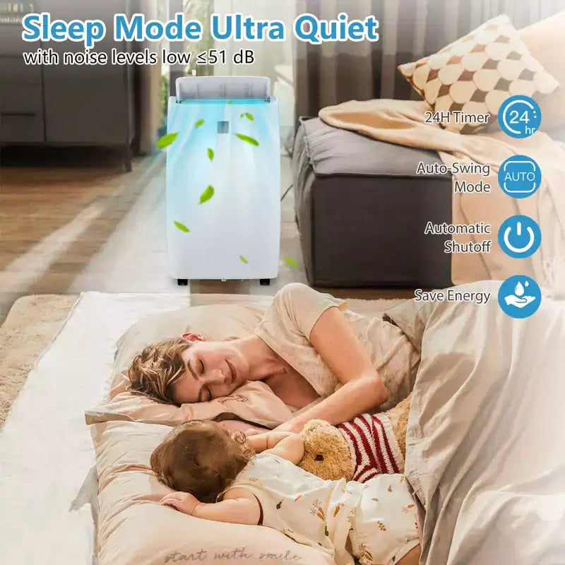 Aire Acondicionado Portátil y Deshumidificador, 14,000 BTU para Habitaciones de 70 m², con Modo Noche, Ventilador Oscilante, Temporizador, Control Remoto y Kit para Ventana