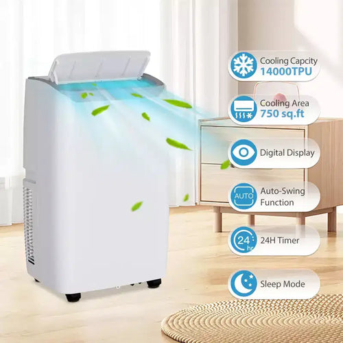 Acondicionador de aire portátil de 14,000 BTU con deshumidificador incorporado - Unidad de CA portátil para habitaciones de hasta 70 m², control remoto, kit de escape para montaje en ventana
