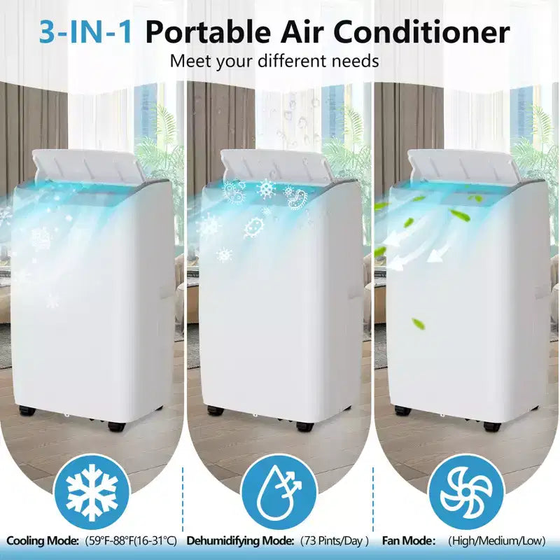 Acondicionador de aire portátil de 14,000 BTU con deshumidificador incorporado - Unidad de CA portátil para habitaciones de hasta 70 m², control remoto, kit de escape para montaje en ventana