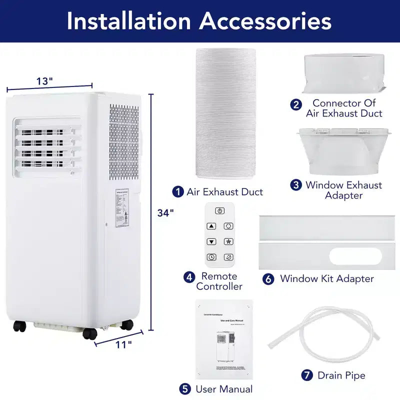 Aire acondicionado portátil de 10,000 BTU - CA 3 en 1 de bajo consumo para campamentos y habitaciones de hasta 450 pies cuadrados. Incluye deshumidificador, ventilador, control remoto y kit para ventana