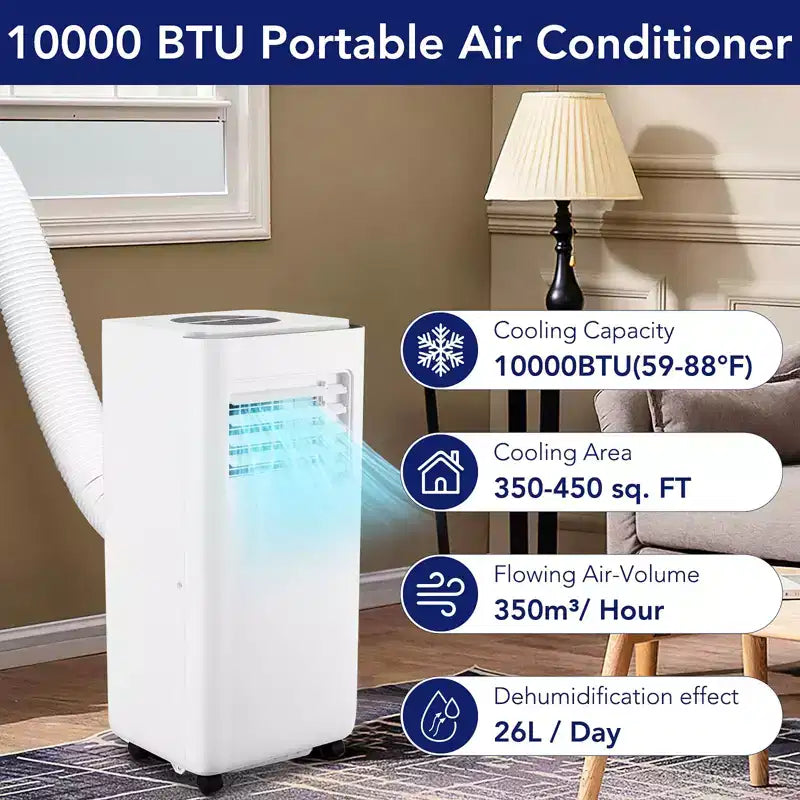 Aire acondicionado portátil de 10,000 BTU - CA 3 en 1 de bajo consumo para campamentos y habitaciones de hasta 450 pies cuadrados. Incluye deshumidificador, ventilador, control remoto y kit para ventana