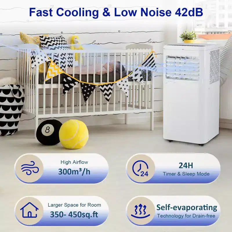 Aire Acondicionado Portátil de 10,000 BTU - CA Silencioso de 4 Modos (Enfriar, Ventilador, Reposo, Deshumidificar) para 450 pies cuadrados. Incluye Temporizador de 24 horas, Control Remoto y Manguera de Drenaje