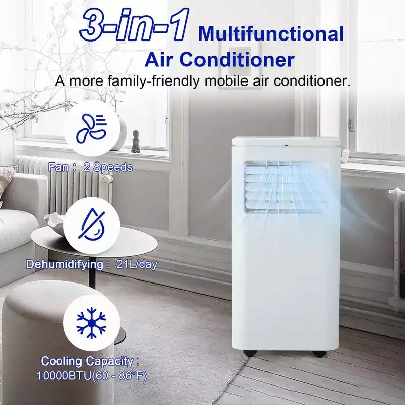 Aire Acondicionado Portátil de 10,000 BTU - CA Silencioso de 4 Modos (Enfriar, Ventilador, Reposo, Deshumidificar) para 450 pies cuadrados. Incluye Temporizador de 24 horas, Control Remoto y Manguera de Drenaje