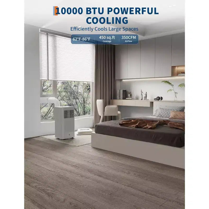 Aire acondicionado portátil de 10000 BTU, unidad de refrigeración silenciosa 3 en 1 para habitaciones de hasta 41 metros cuadrados, incluye modos deshumidificador y ventilador