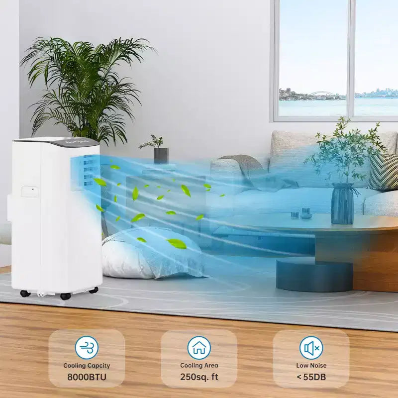 Acondicionador de aire portátil de 8000 BTU - Enfría 32,5 m² Ventilador deshumidificador de CA portátil 3 en 1