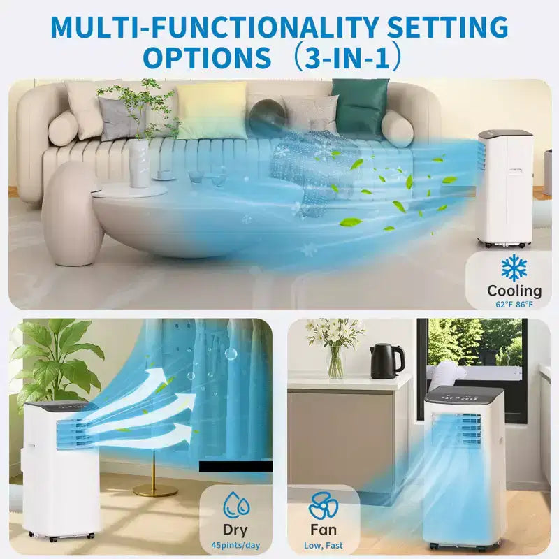 Acondicionador de aire portátil de 8000 BTU - Enfría 32,5 m² Ventilador deshumidificador de CA portátil 3 en 1