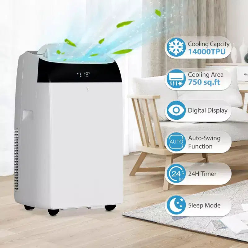 Aire acondicionado portátil de 14,000 BTU, 3 en 1 (refrigeración, deshumidificación, ventilador) para habitaciones grandes de hasta 70 m². Ultra silencioso con control remoto y temporizador