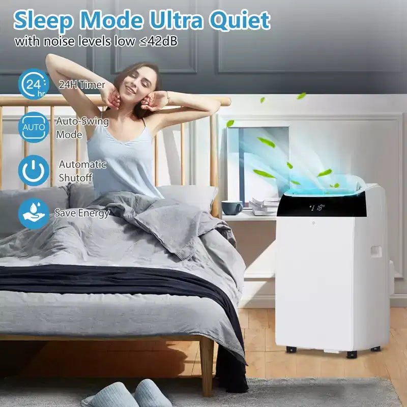 Aire acondicionado portátil de 14,000 BTU, 3 en 1 (refrigeración, deshumidificación, ventilador) para habitaciones grandes de hasta 70 m². Ultra silencioso con control remoto y temporizador